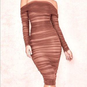 House of CB ANAIS' CHESTNUT TULLE OFF SHOULDER RUCHED DRESS